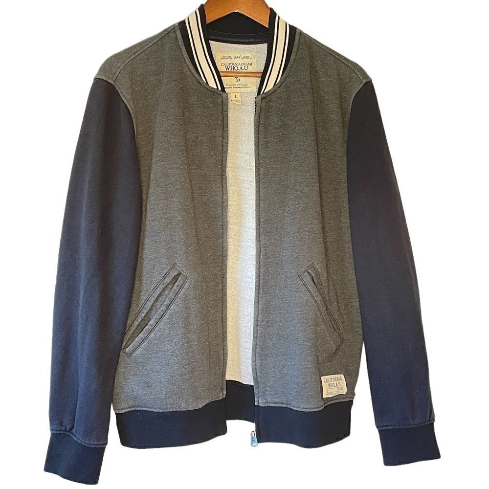 WHO.A.U Women's Varsity Jacket Mixed Varsity Bomber Black Grey and White  Size L
